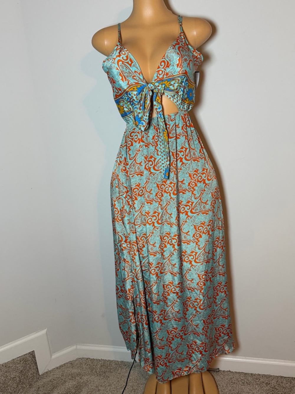 Kohinoor Boho Tie-Front Maxi Dress In Aqua & Rust